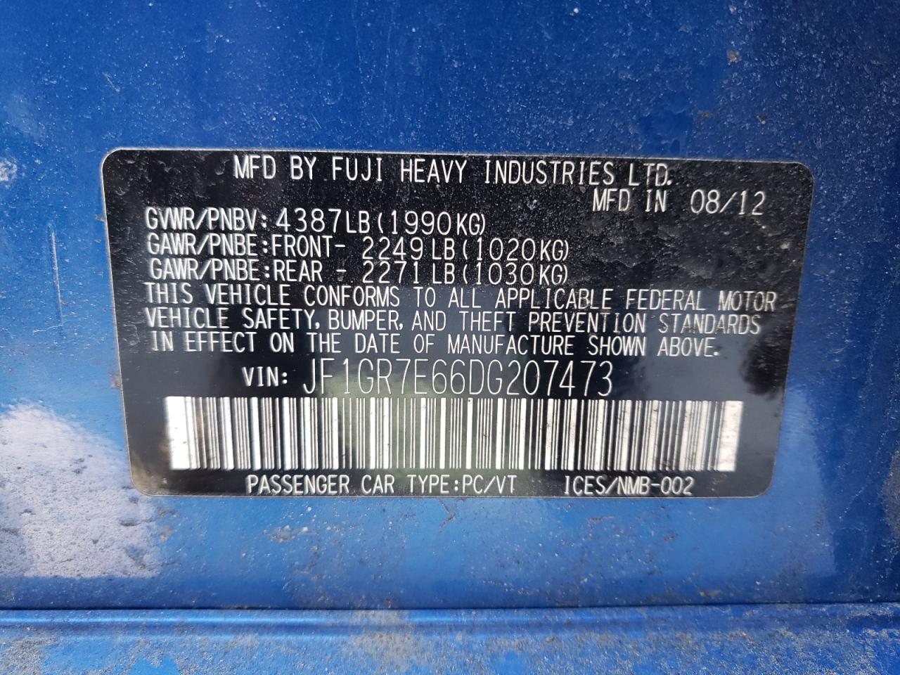 Photo 10 from auction – 2013 SUBARU IMPREZA WR with VIN JF1GR7E66DG207473
