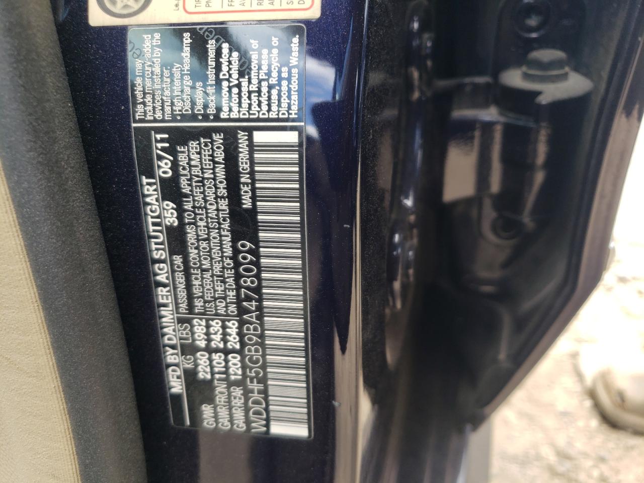 Photo 10 from auction – 2011 MERCEDES-BENZ E 350 with VIN WDDHF5GB9BA478099