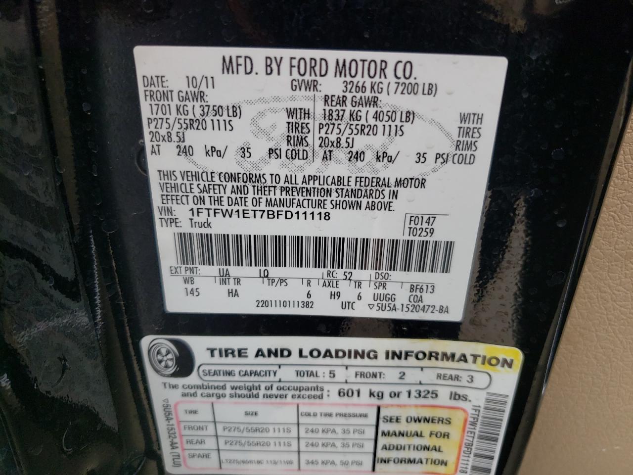Photo 10 from auction – 2011 FORD F150 SUPER with VIN 1FTFW1ET7BFD11118