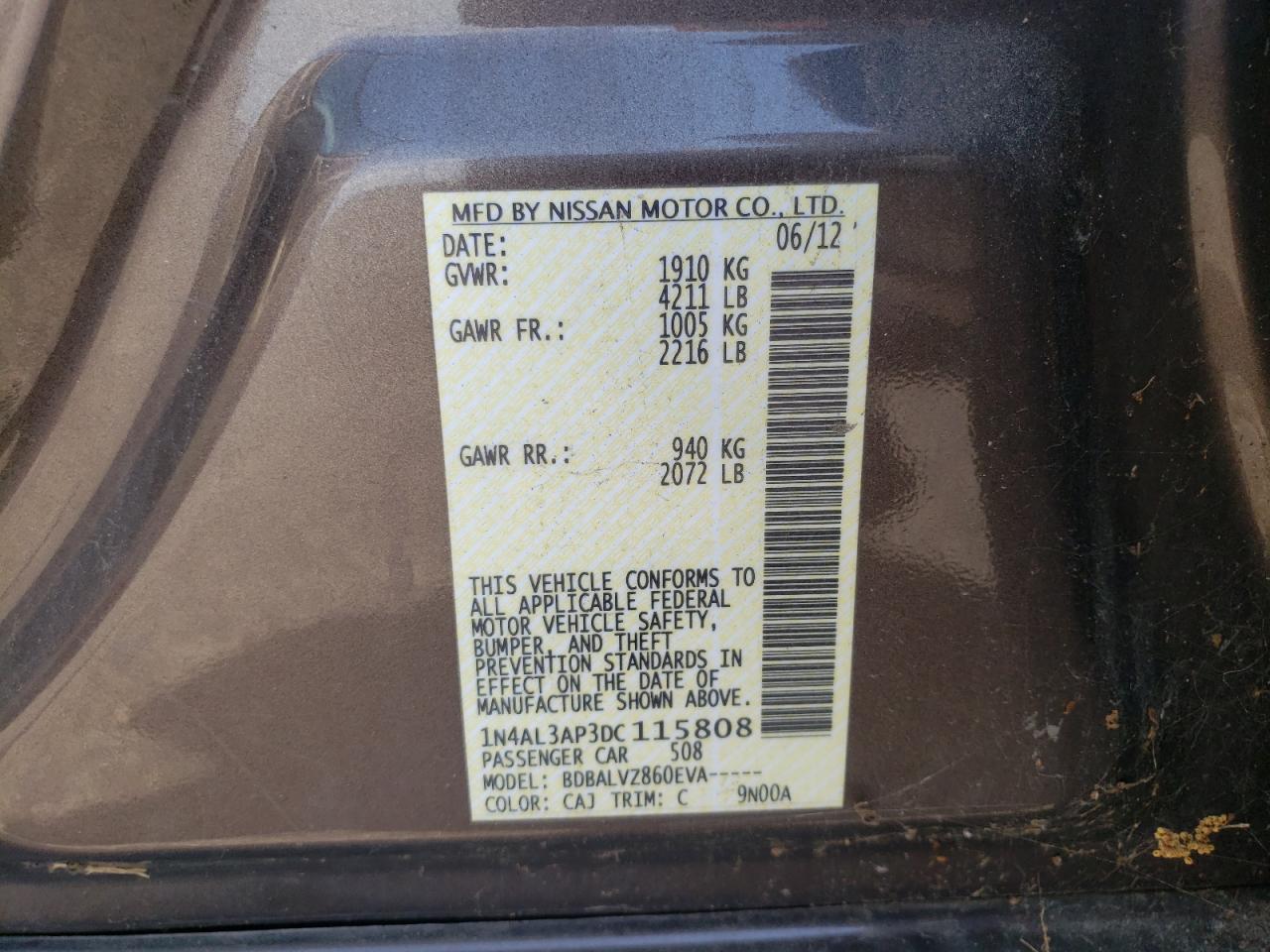 Photo 10 from auction – 2013 NISSAN ALTIMA 2.5 with VIN 1N4AL3AP3DC115808