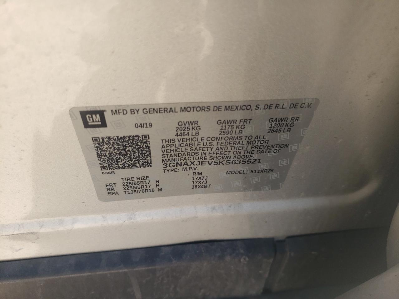 Photo 10 from auction – 2019 CHEVROLET EQUINOX LT with VIN 3GNAXJEV5KS635521