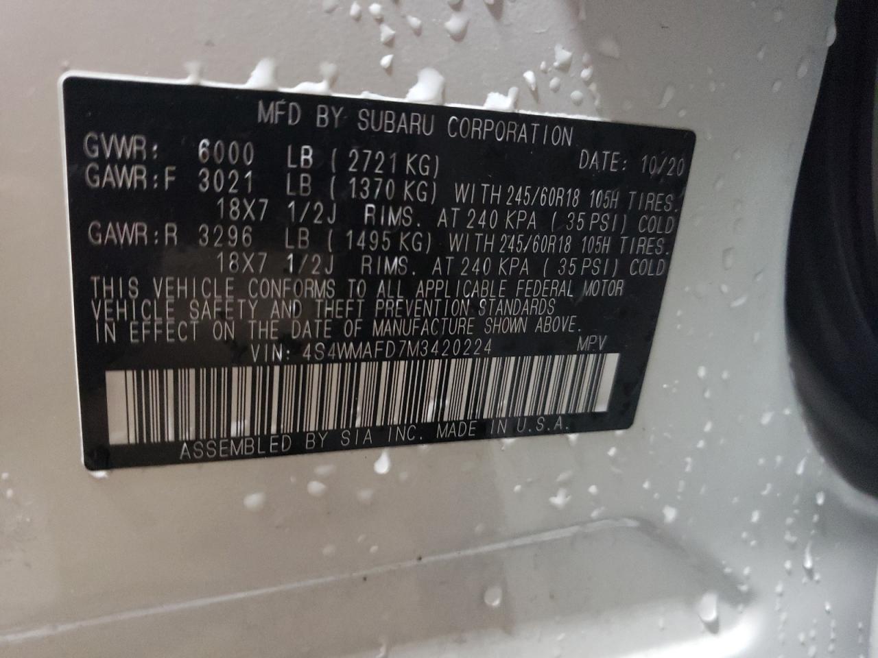 Photo 10 from auction – 2021 SUBARU ASCENT PRE with VIN 4S4WMAFD7M3420224