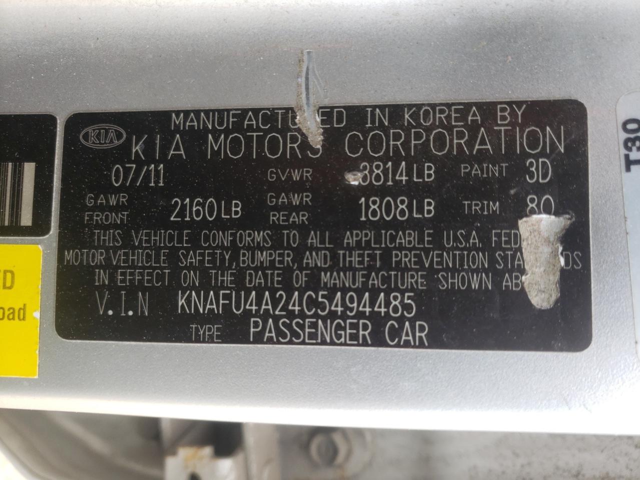 Photo 10 from auction – 2012 KIA FORTE EX with VIN KNAFU4A24C5494485