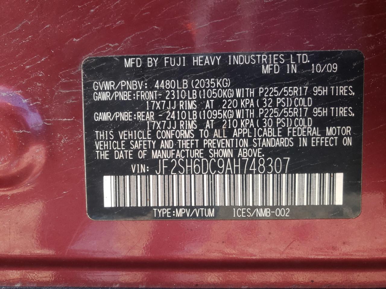 Photo 10 from auction – 2010 SUBARU FORESTER 2 with VIN JF2SH6DC9AH748307