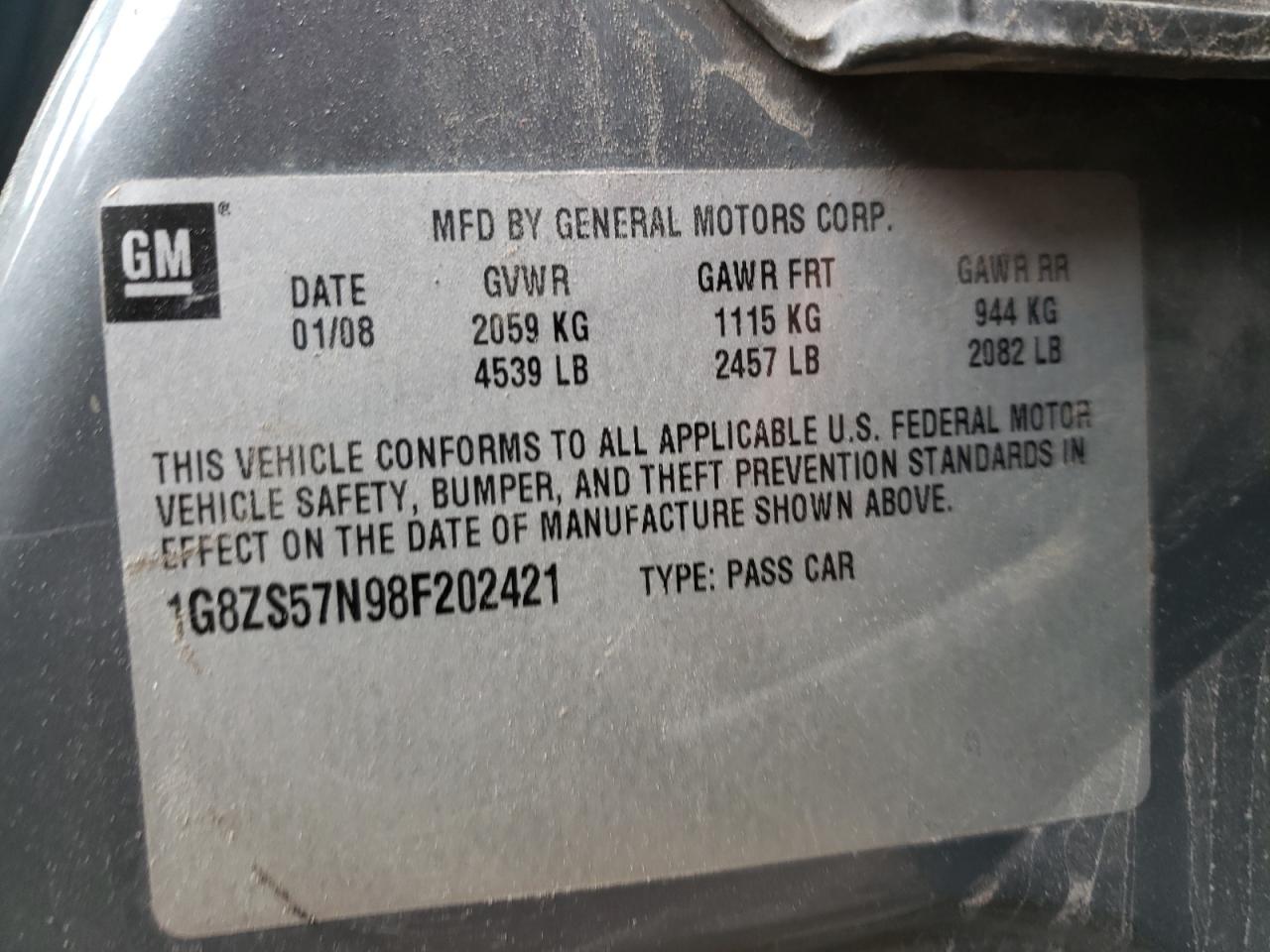 Photo 10 from auction – 2008 SATURN AURA with VIN 1G8ZS57N98F202421