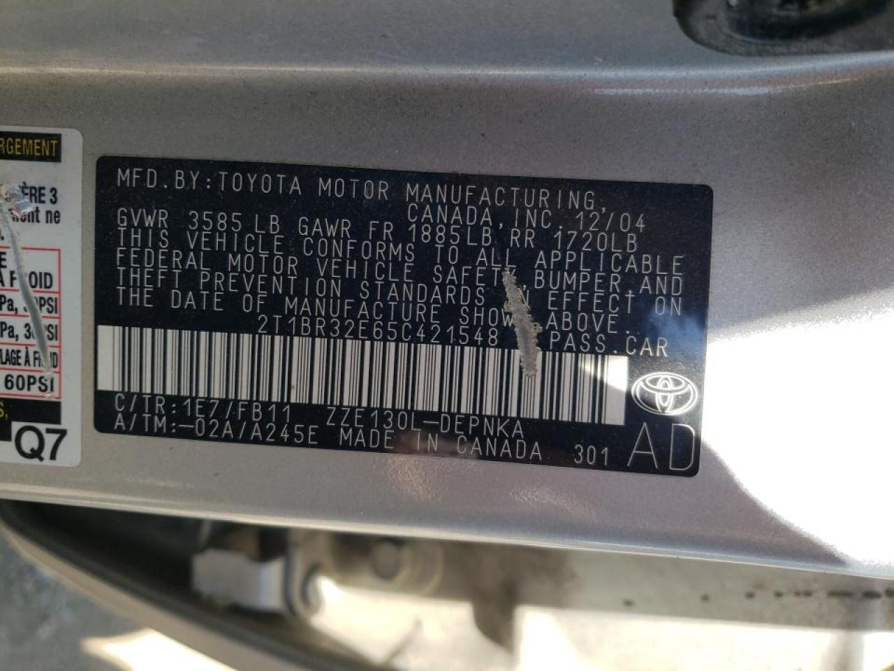 Photo 10 from auction – 2005 TOYOTA COROLLA CE with VIN 2T1BR32E65C421548