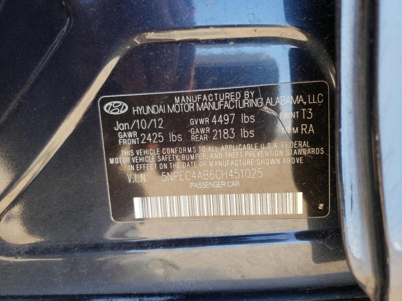 Photo 10 from auction – 2012 HYUNDAI SONATA SE with VIN 5NPEC4AB6CH451025