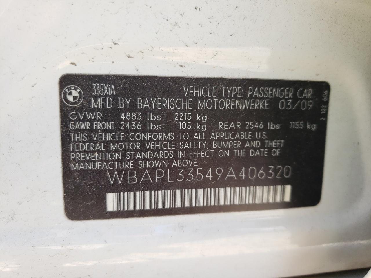 Photo 10 from auction – 2009 BMW 335 XI with VIN WBAPL33549A406320