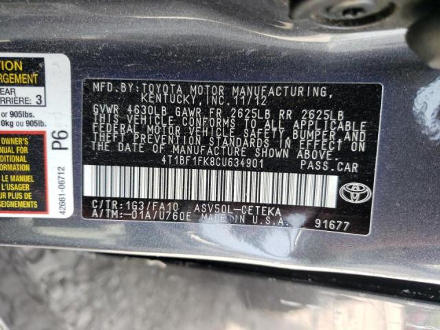 Photo 10 from auction – 2012 TOYOTA CAMRY BASE with VIN 4T1BF1FK8CU634901