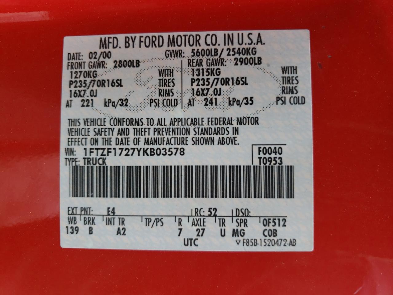 Photo 10 from auction – 2000 FORD F150 with VIN 1FTZF1727YKB03578