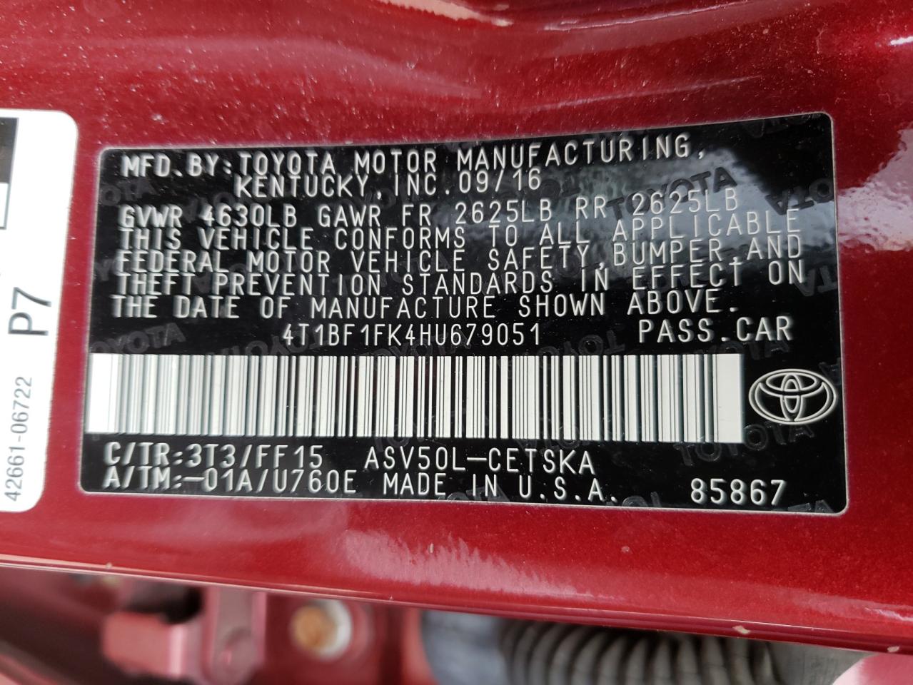 Photo 10 from auction – 2017 TOYOTA CAMRY LE with VIN 4T1BF1FK4HU679051