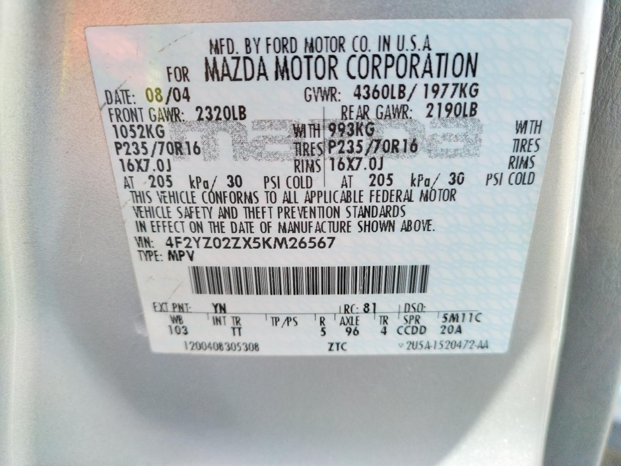 Photo 10 from auction – 2005 MAZDA TRIBUTE I with VIN 4F2YZ02ZX5KM26567
