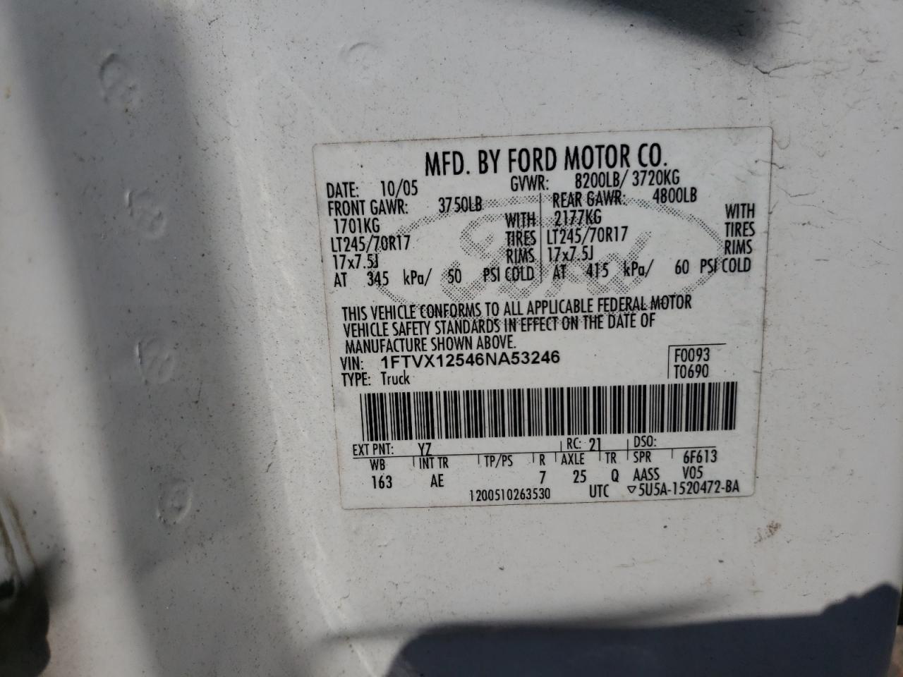 Photo 10 from auction – 2006 FORD F150 with VIN 1FTVX12546NA53246