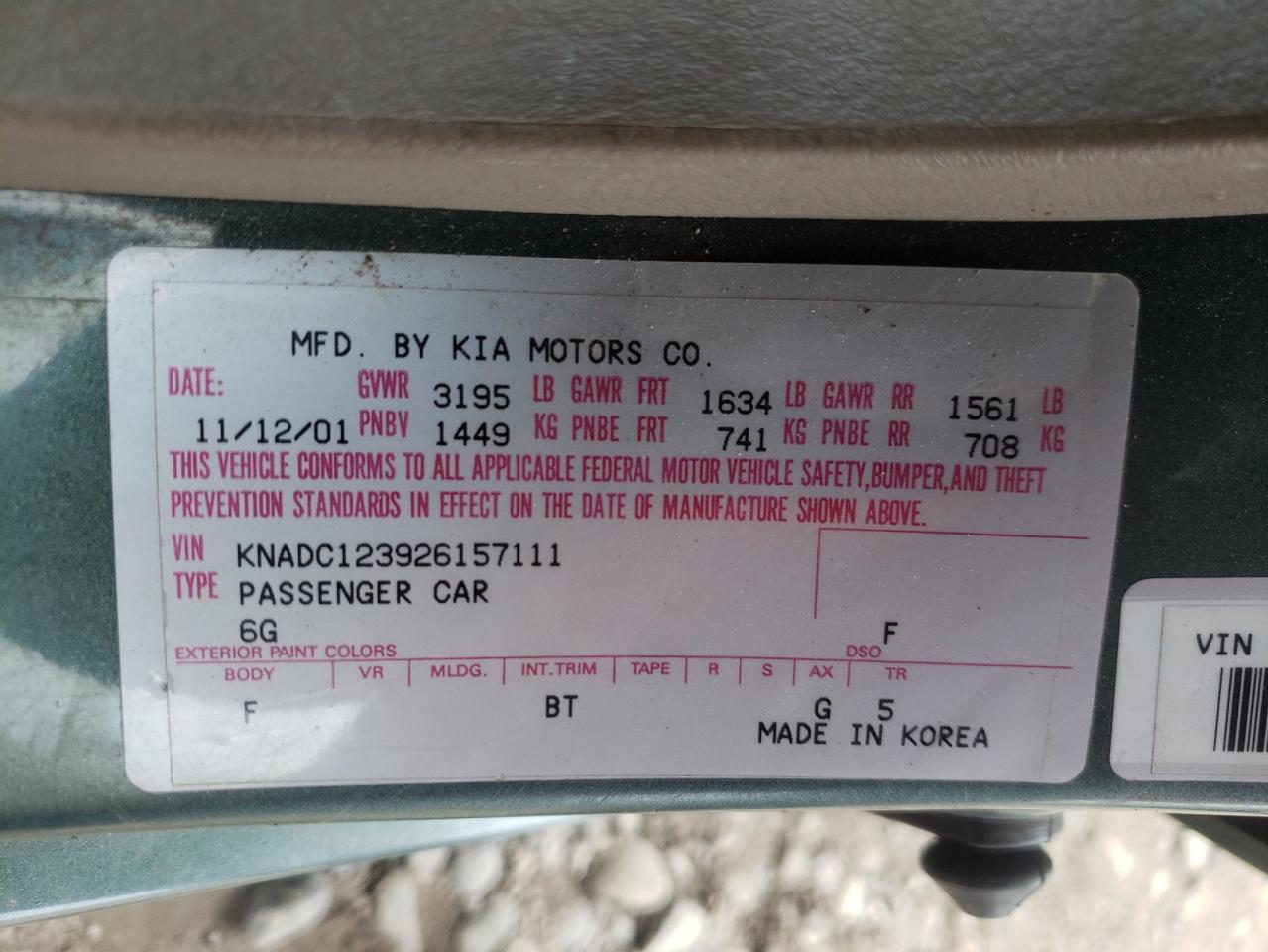 Photo 10 from auction – 2002 KIA RIO with VIN KNADC123926157111