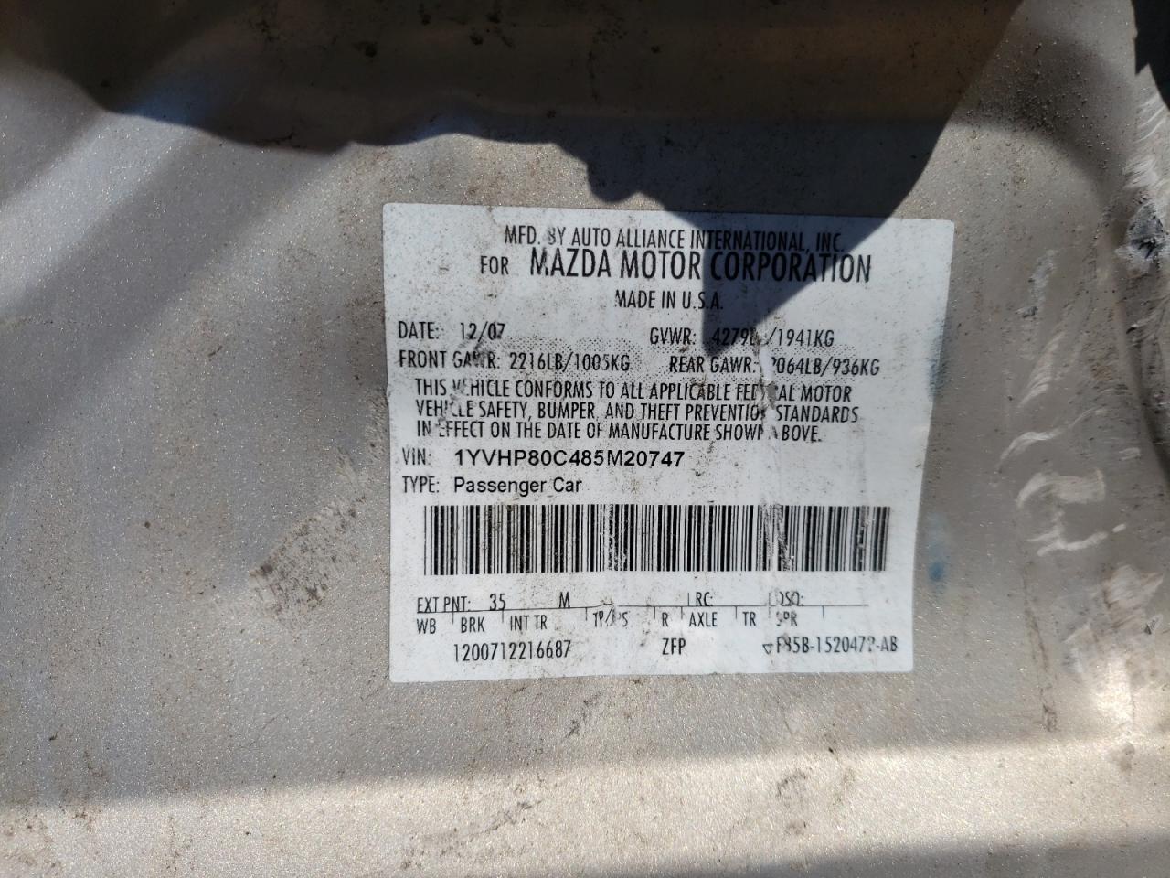 Photo 10 from auction – 2008 MAZDA 6 I with VIN 1YVHP80C485M20747