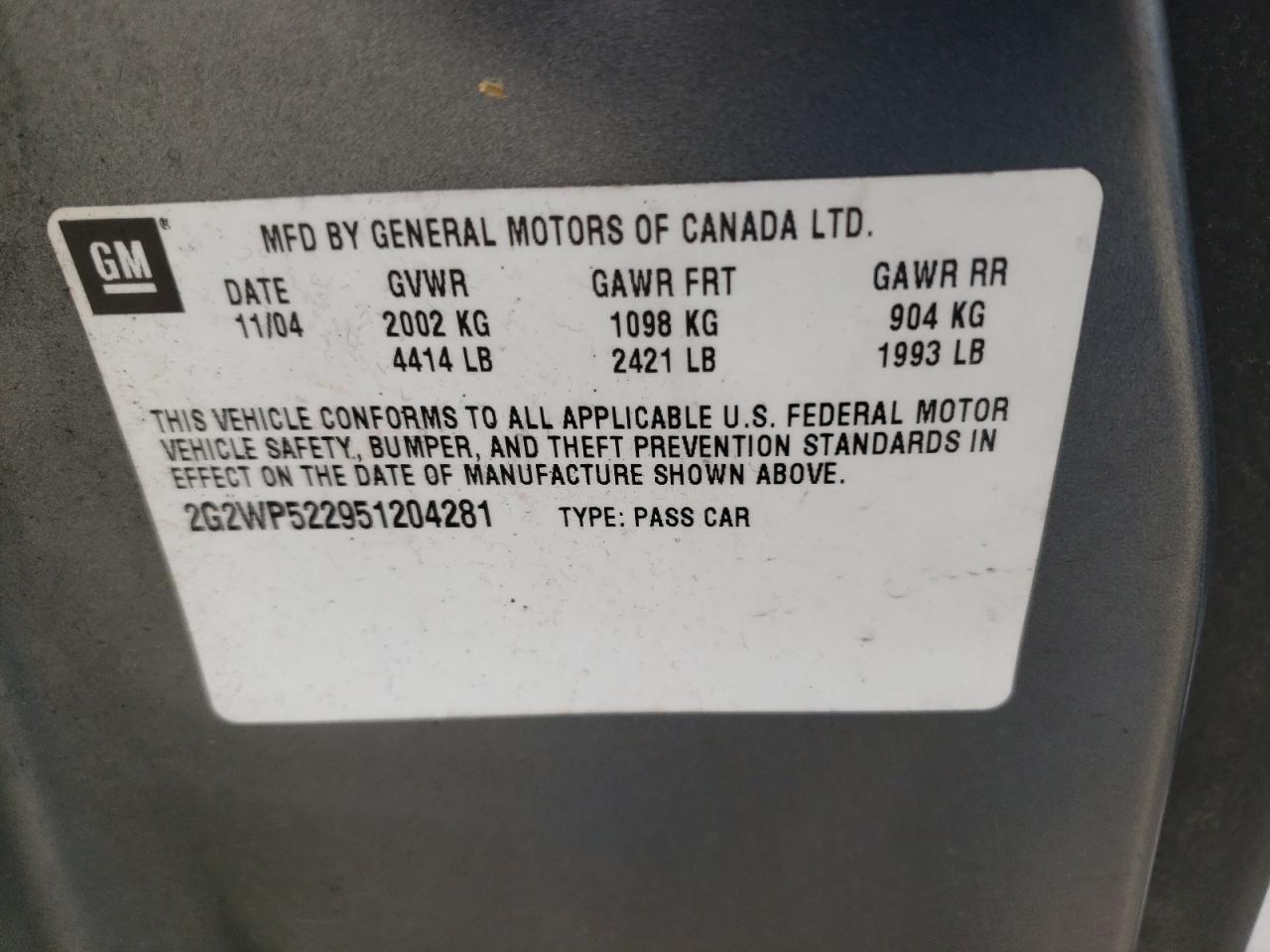 Photo 10 from auction – 2005 PONTIAC GRAND PRIX with VIN 2G2WP522951204281