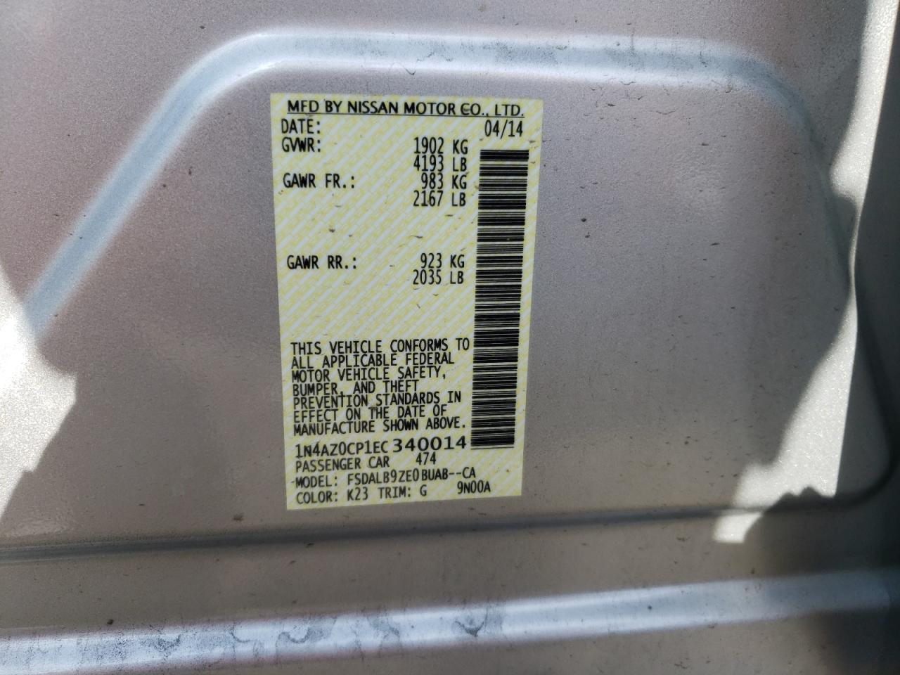 Photo 10 from auction – 2014 NISSAN LEAF S with VIN 1N4AZ0CP1EC340014