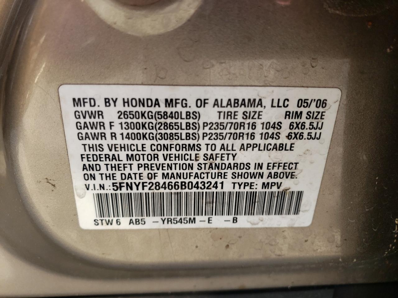 Photo 11 from auction – 2006 HONDA PILOT EX with VIN 5FNYF28466B043241