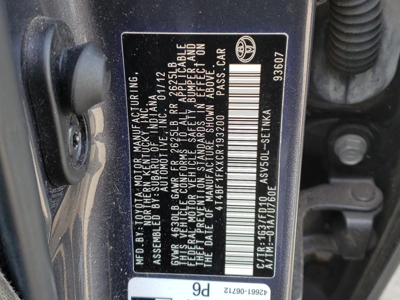 Photo 10 from auction – 2012 TOYOTA CAMRY BASE with VIN 4T4BF1FKXCR193200