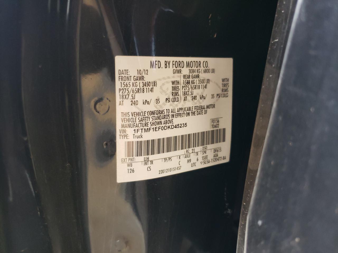 Photo 10 from auction – 2013 FORD F150 with VIN 1FTMF1EF0DKD45235