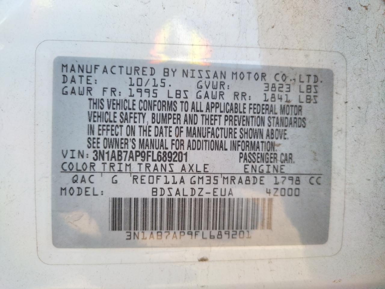 Photo 10 from auction – 2015 NISSAN SENTRA S with VIN 3N1AB7AP9FL689201
