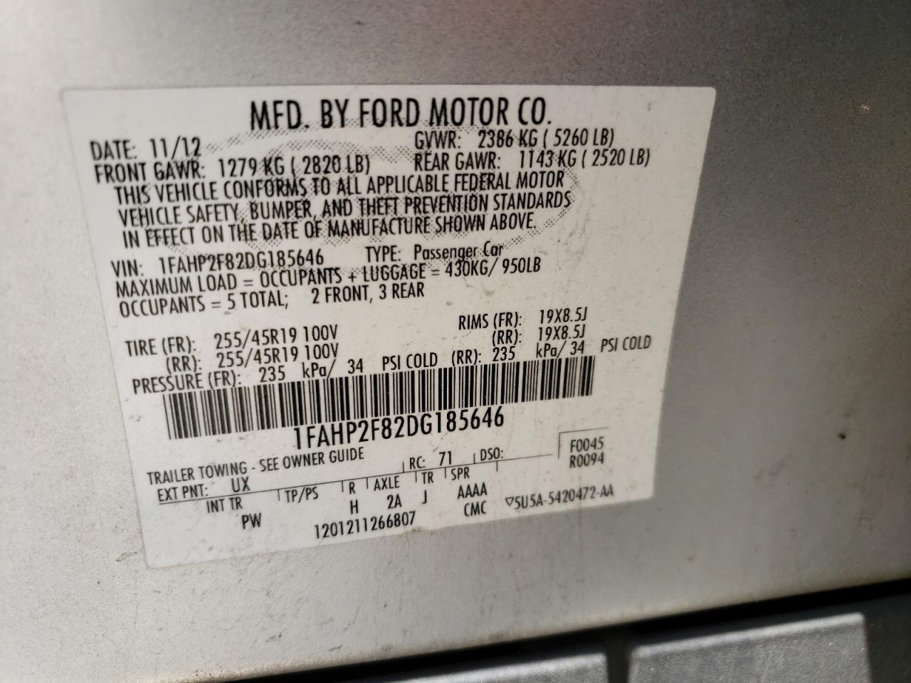 Photo 10 from auction – 2013 FORD TAURUS LIM with VIN 1FAHP2F82DG185646