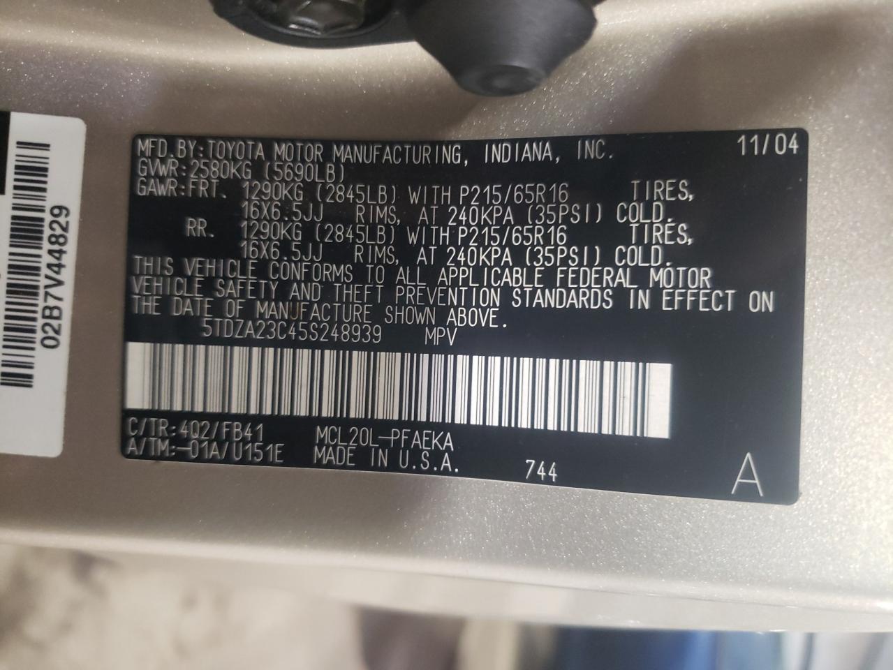 Photo 10 from auction – 2005 TOYOTA SIENNA CE with VIN 5TDZA23C45S248939