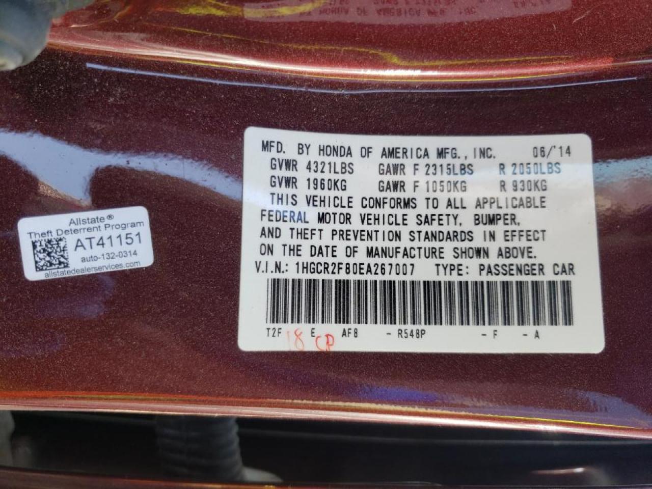 Photo 10 from auction – 2014 HONDA ACCORD EXL with VIN 1HGCR2F80EA267007