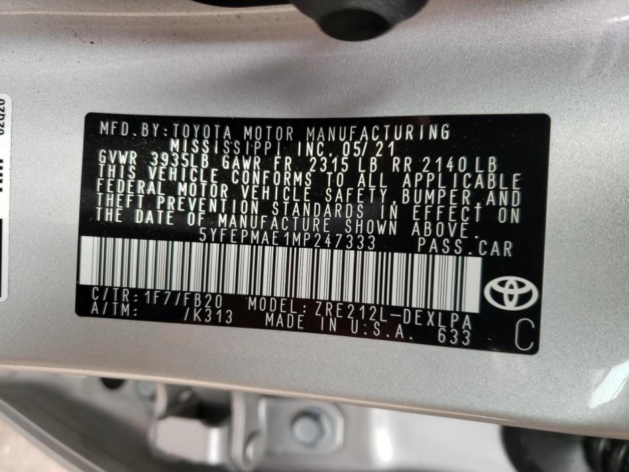 Photo 10 from auction – 2021 TOYOTA COROLLA LE with VIN 5YFEPMAE1MP247333