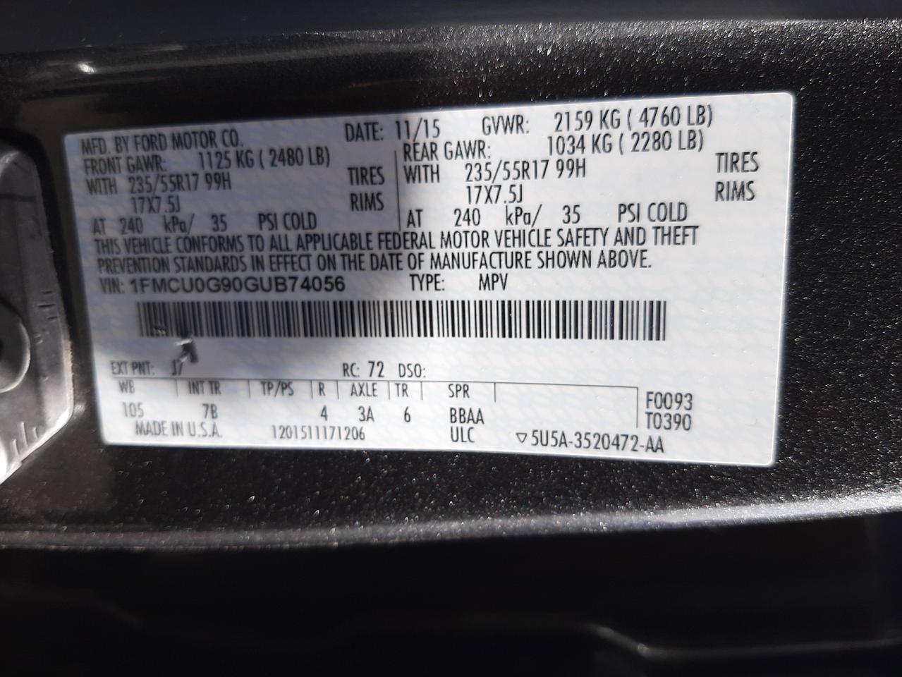 Photo 10 from auction – 2016 FORD ESCAPE SE with VIN 1FMCU0G90GUB74056