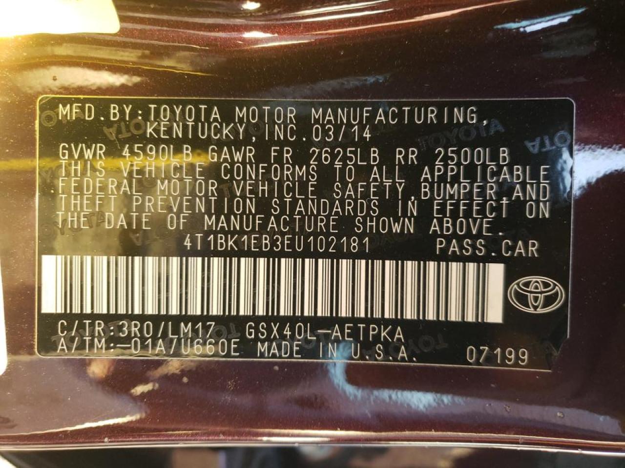 Photo 10 from auction – 2014 TOYOTA AVALON BAS with VIN 4T1BK1EB3EU102181