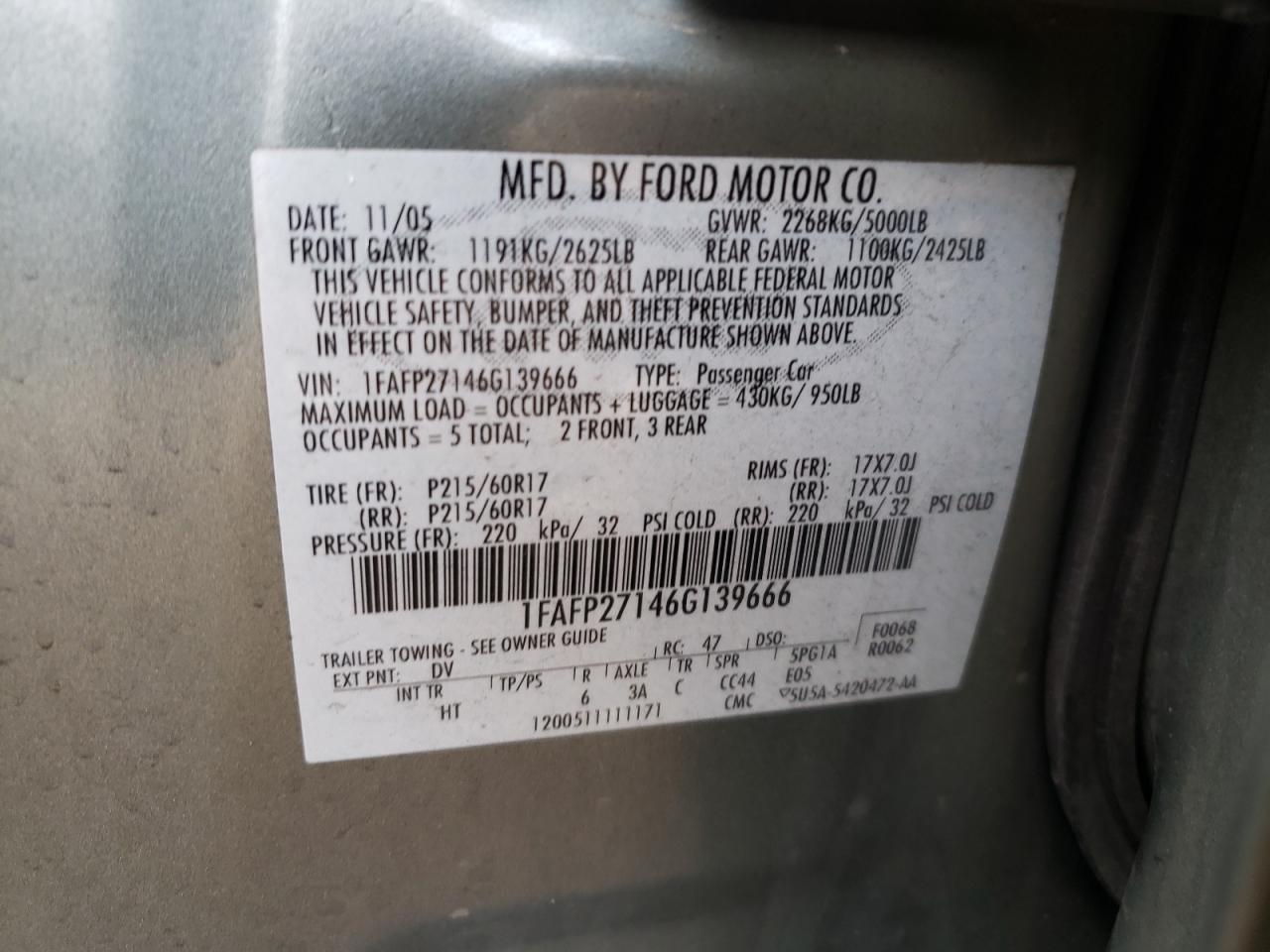 Photo 10 from auction – 2006 FORD FIVE HUNDR with VIN 1FAFP27146G139666