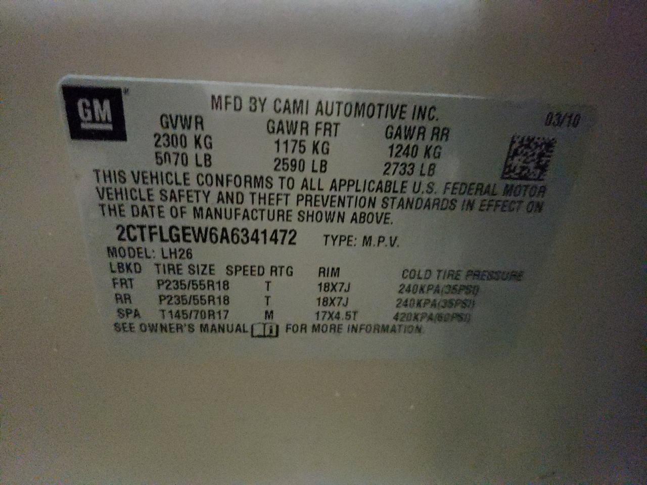Photo 10 from auction – 2010 GMC TERRAIN SL with VIN 2CTFLGEW6A6341472