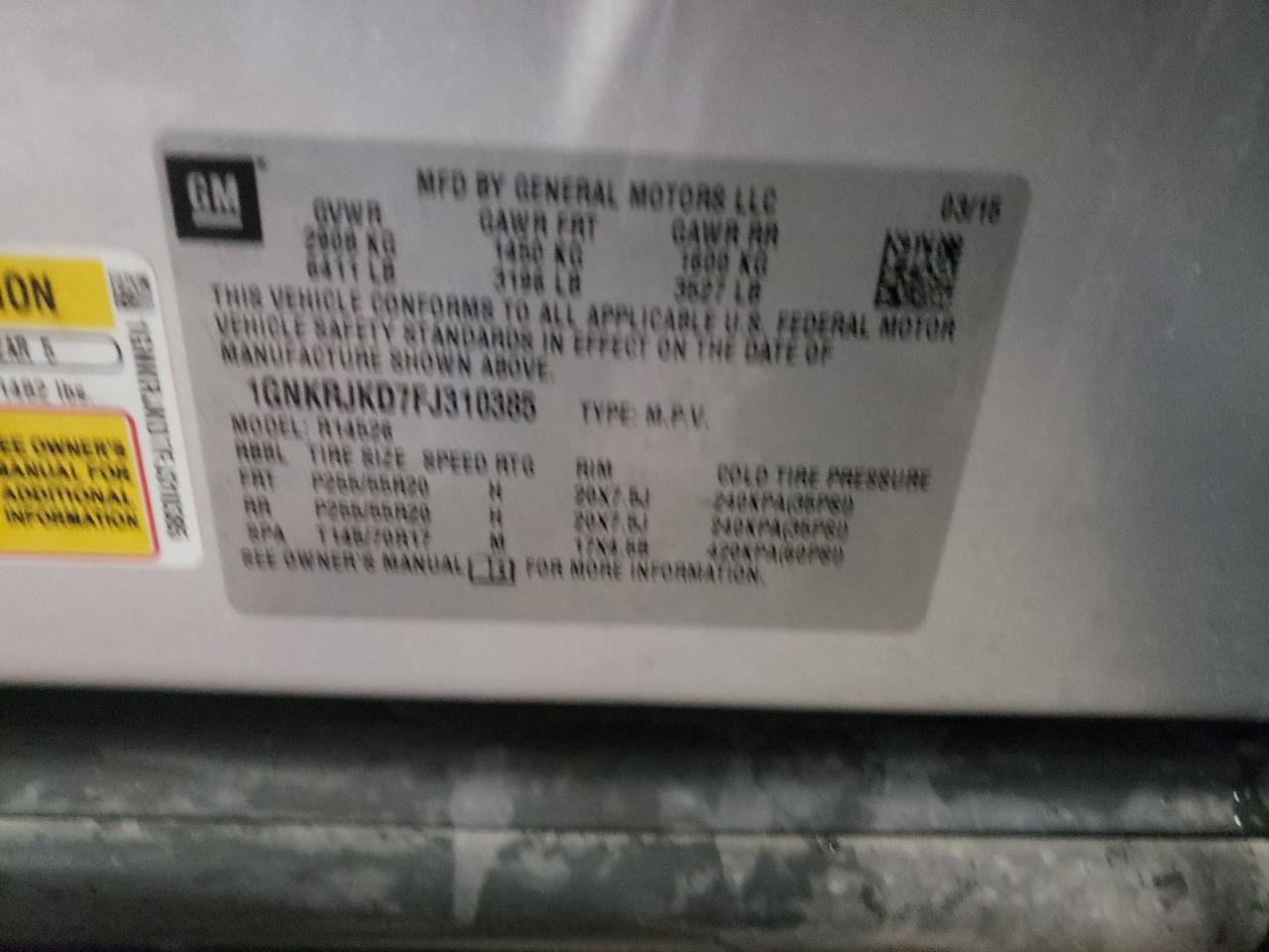 Photo 10 from auction – 2015 CHEVROLET TRAVERSE L with VIN 1GNKRJKD7FJ310385