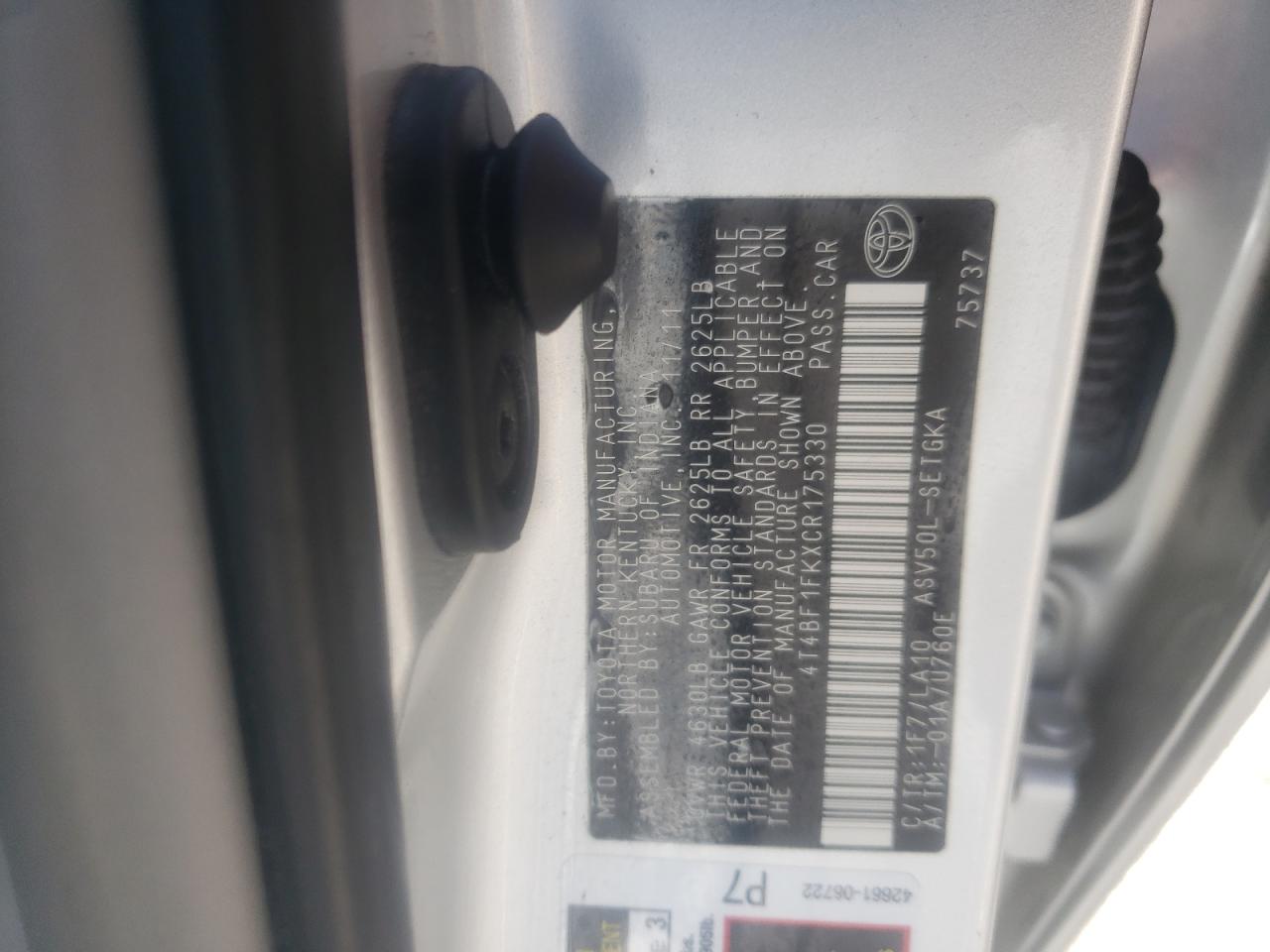 Photo 10 from auction – 2012 TOYOTA CAMRY BASE with VIN 4T4BF1FKXCR175330