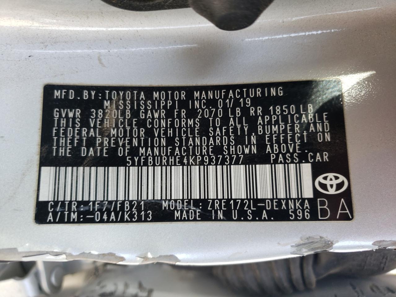 Photo 10 from auction – 2019 TOYOTA COROLLA L with VIN 5YFBURHE4KP937377
