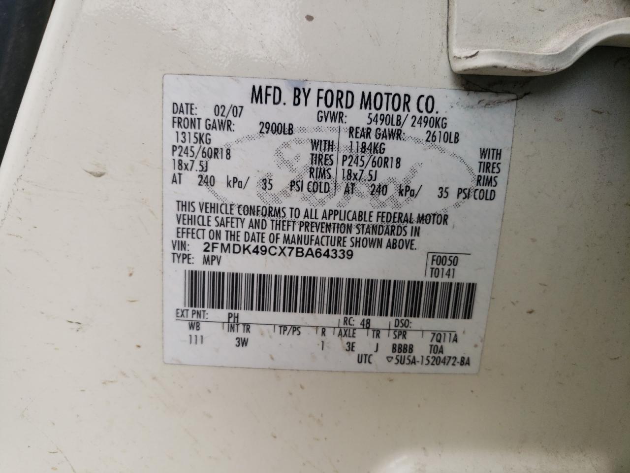 Photo 10 from auction – 2007 FORD EDGE SEL P with VIN 2FMDK49CX7BA64339