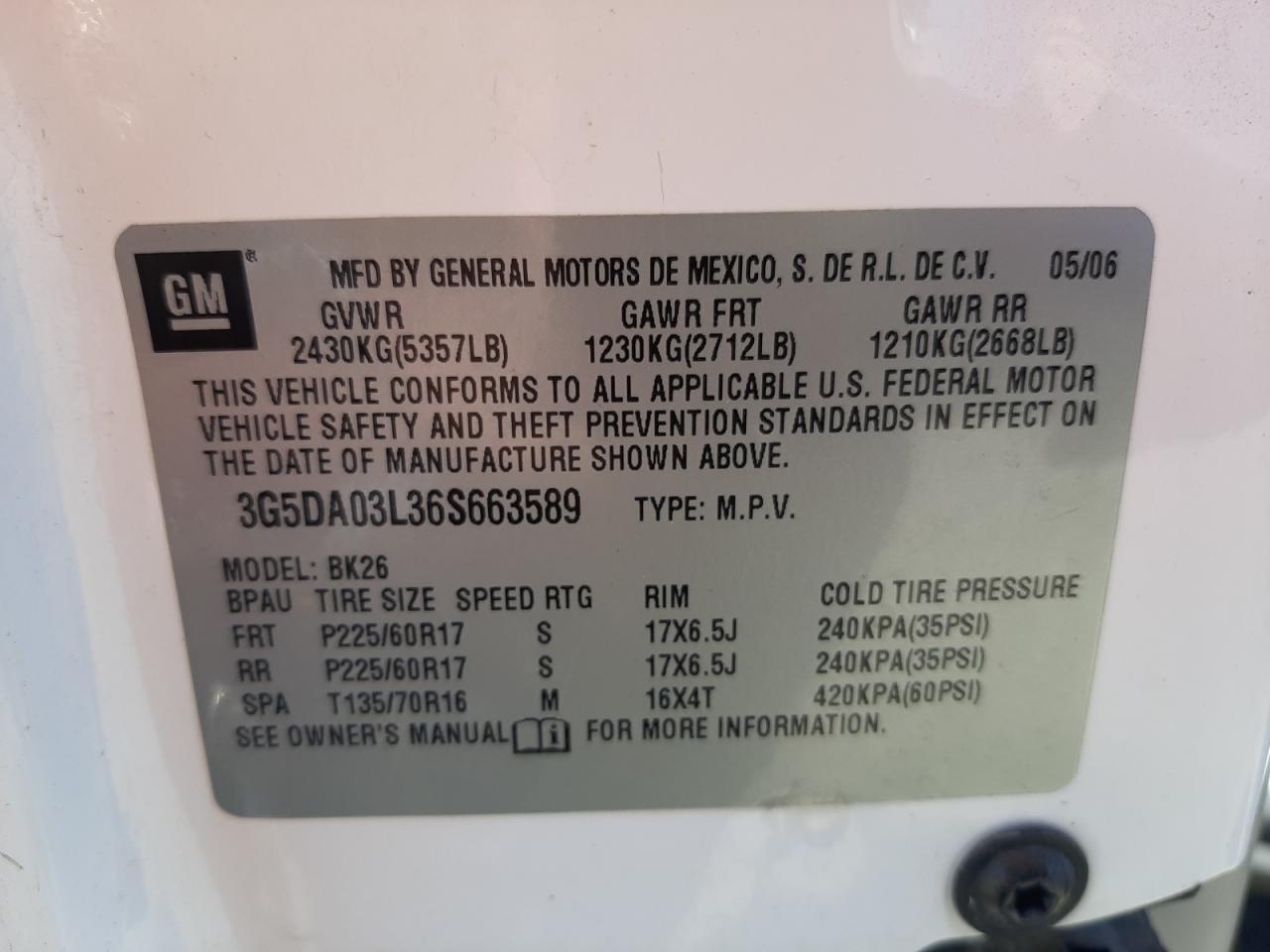 Photo 10 from auction – 2006 BUICK RENDEZVOUS with VIN 3G5DA03L36S663589