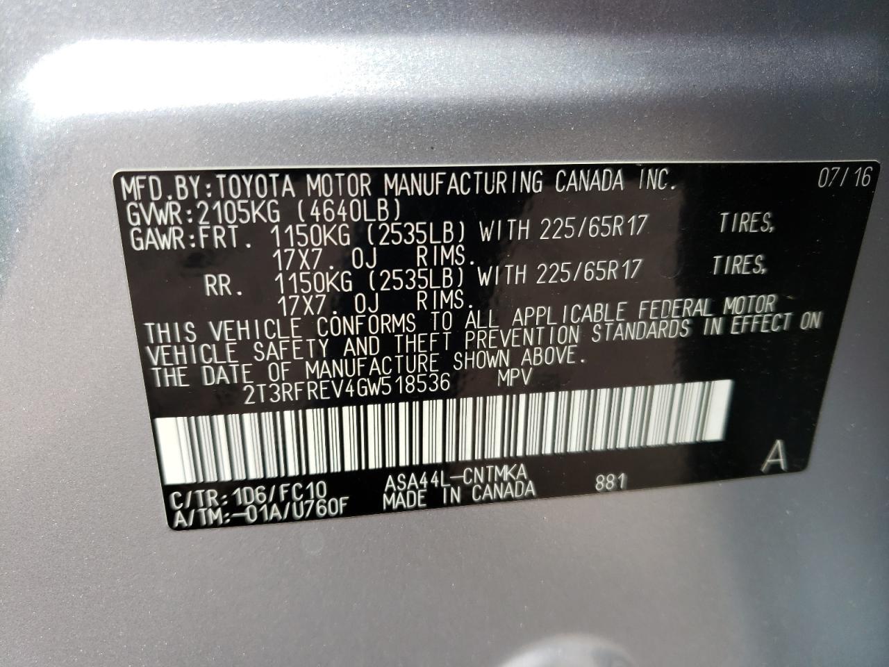 Photo 10 from auction – 2016 TOYOTA RAV4 XLE with VIN 2T3RFREV4GW518536