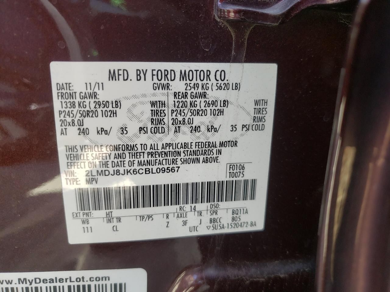 Photo 10 from auction – 2012 LINCOLN MKX with VIN 2LMDJ8JK6CBL09567