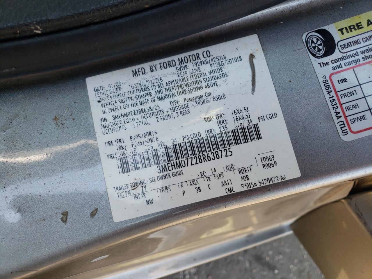 Photo 10 from auction – 2008 MERCURY MILAN with VIN 3MEHM07Z28R638725