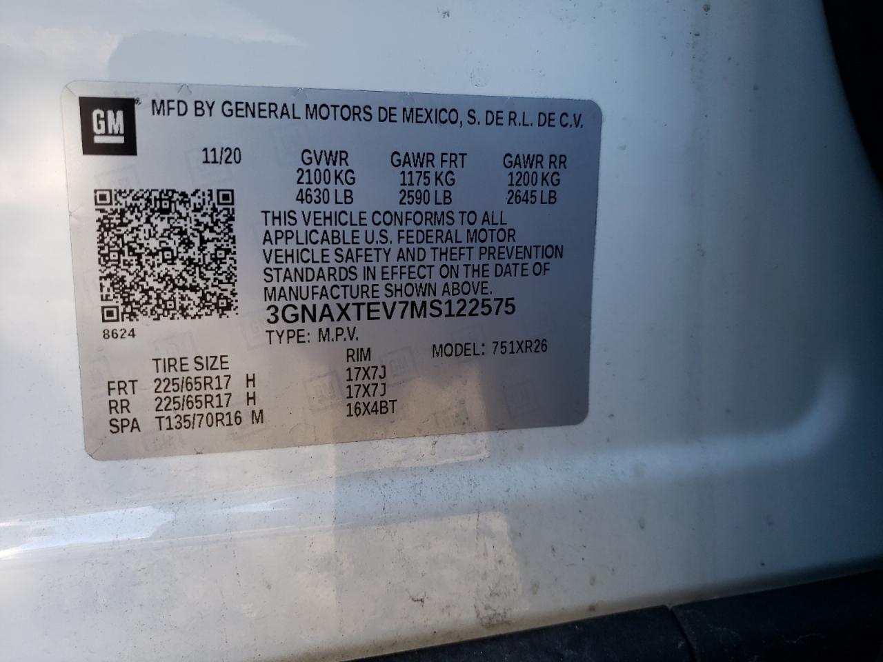 Photo 10 from auction – 2021 CHEVROLET EQUINOX LT with VIN 3GNAXTEV7MS122575