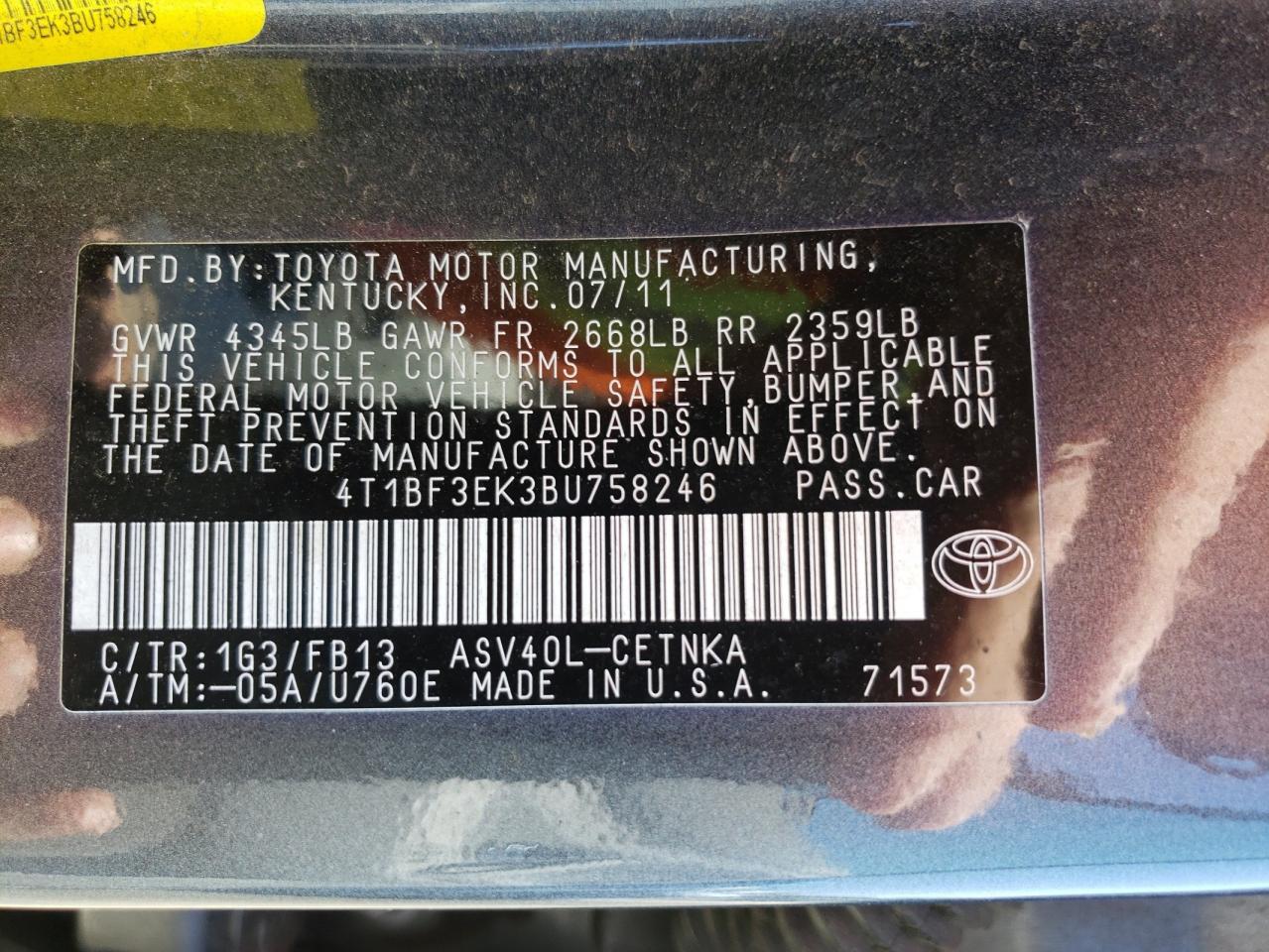 Photo 10 from auction – 2011 TOYOTA CAMRY BASE with VIN 4T1BF3EK3BU758246