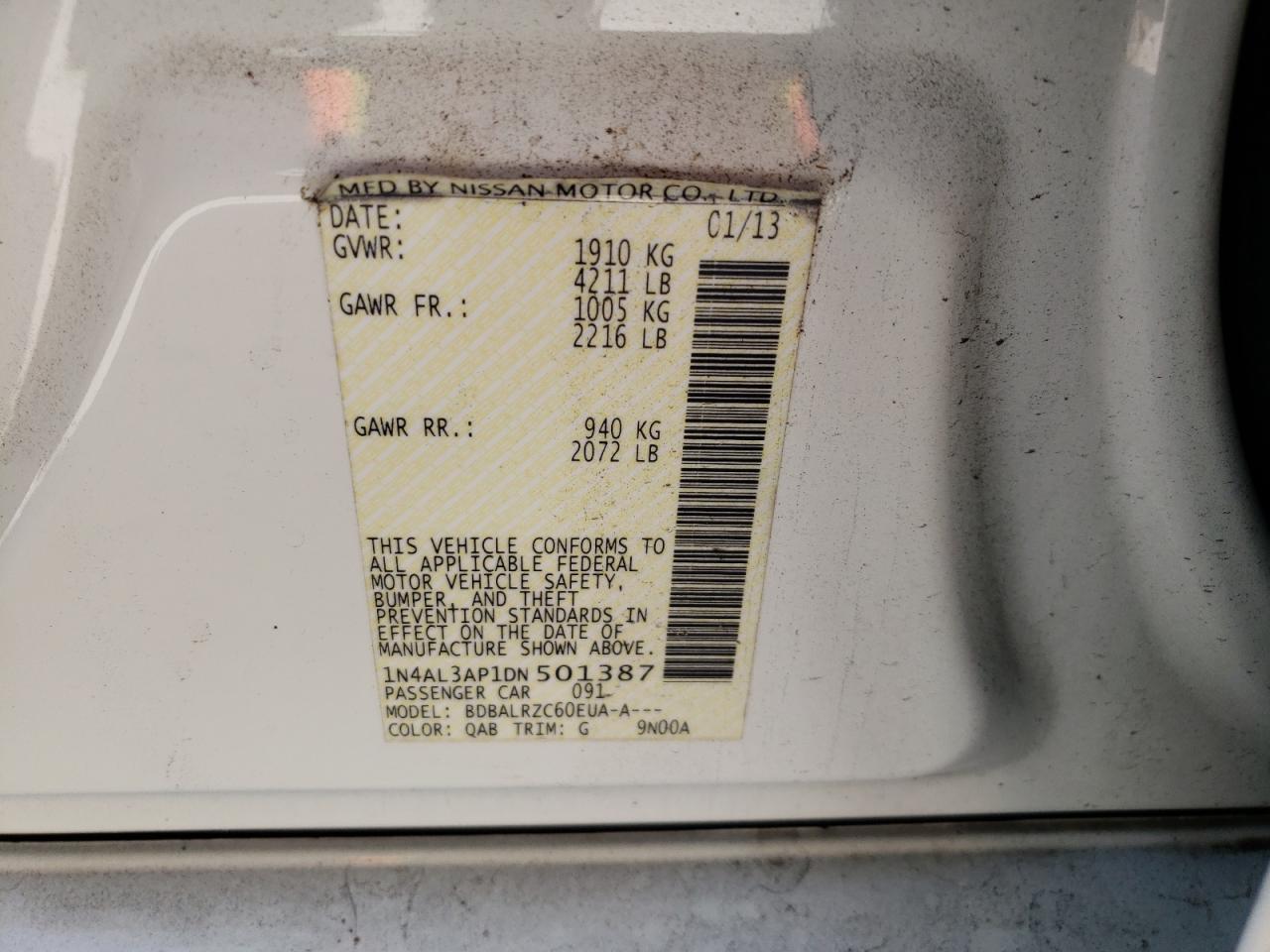 Photo 10 from auction – 2013 NISSAN ALTIMA 2.5 with VIN 1N4AL3AP1DN501387