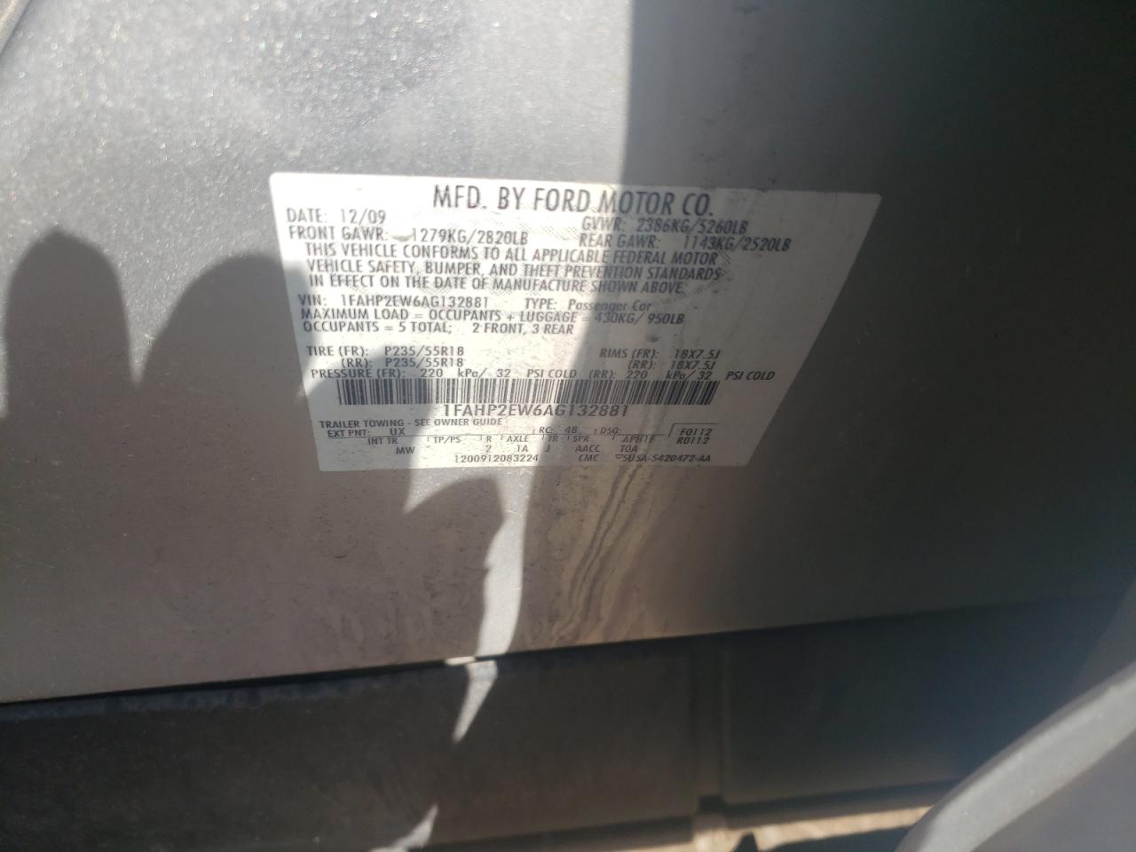 Photo 10 from auction – 2010 FORD TAURUS SEL with VIN 1FAHP2EW6AG132881