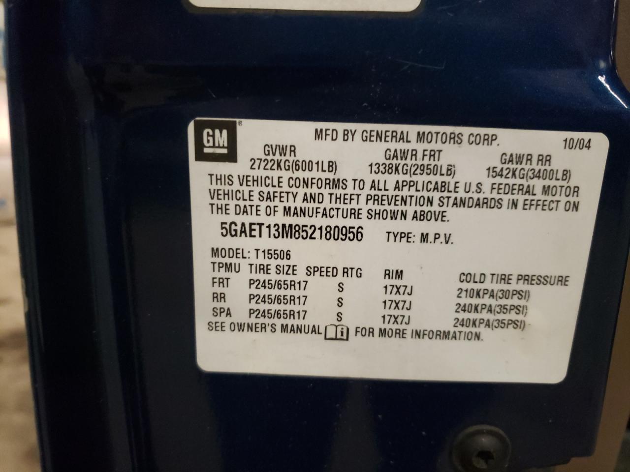 Photo 10 from auction – 2005 BUICK RAINIER CX with VIN 5GAET13M852180956