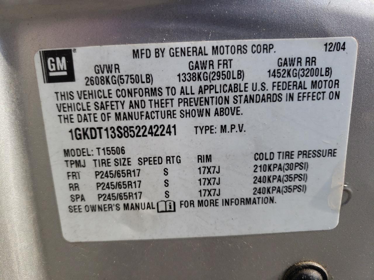 Photo 10 from auction – 2005 GMC ENVOY with VIN 1GKDT13S852242241