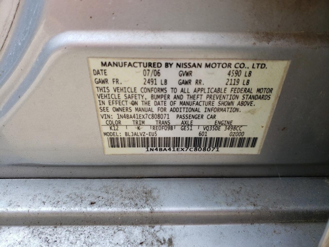 صورة رقم 10 من المزاد - 2007 NISSAN MAXIMA SE مع VIN 1N4BA41EX7C808071
