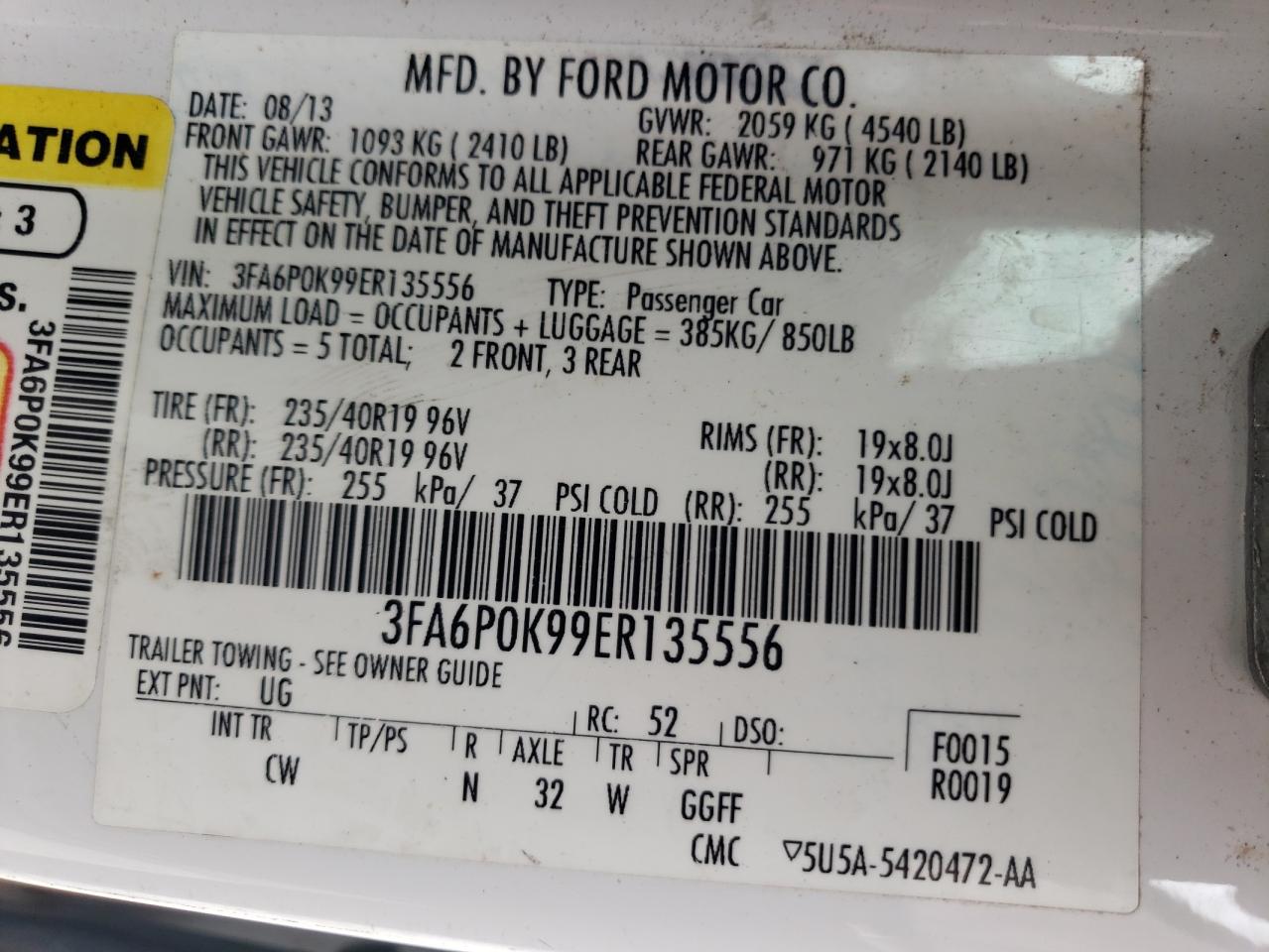 Photo 10 from auction – 2014 FORD FUSION TIT with VIN 3FA6P0K99ER135556