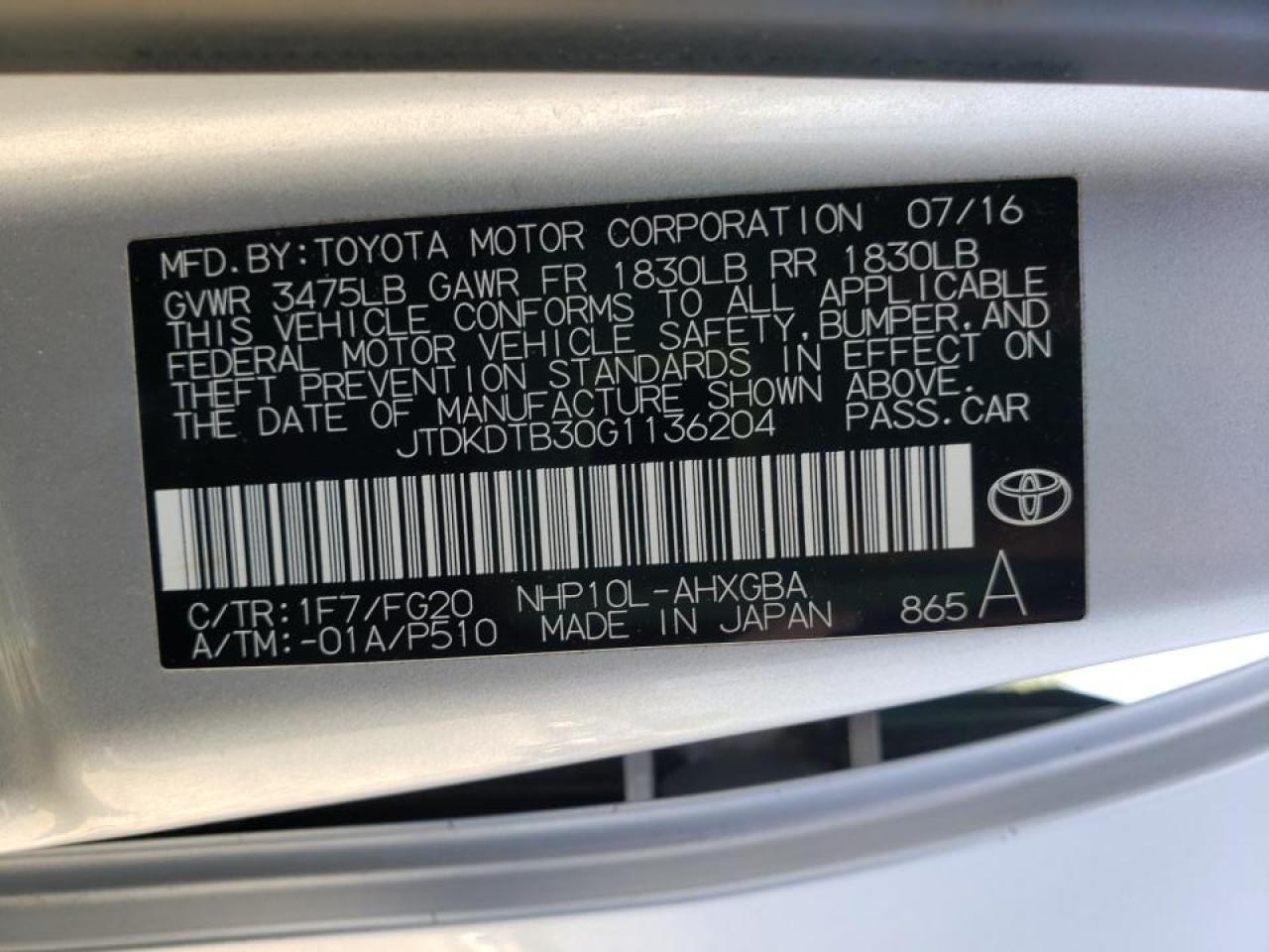 Photo 10 from auction – 2016 TOYOTA PRIUS C with VIN JTDKDTB30G1136204